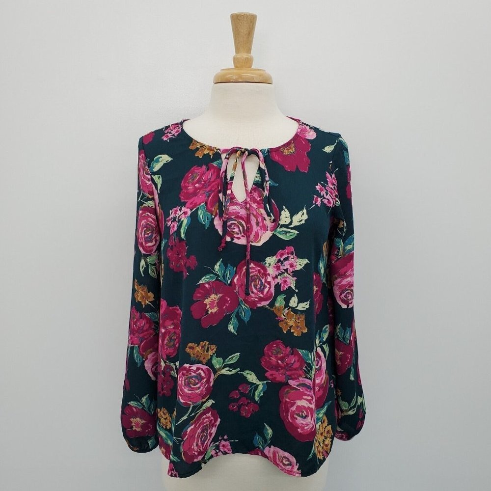 Everly Womens Multicolor Long Sleeve Floral Blouse‎ Top Size M Keyhole Neck